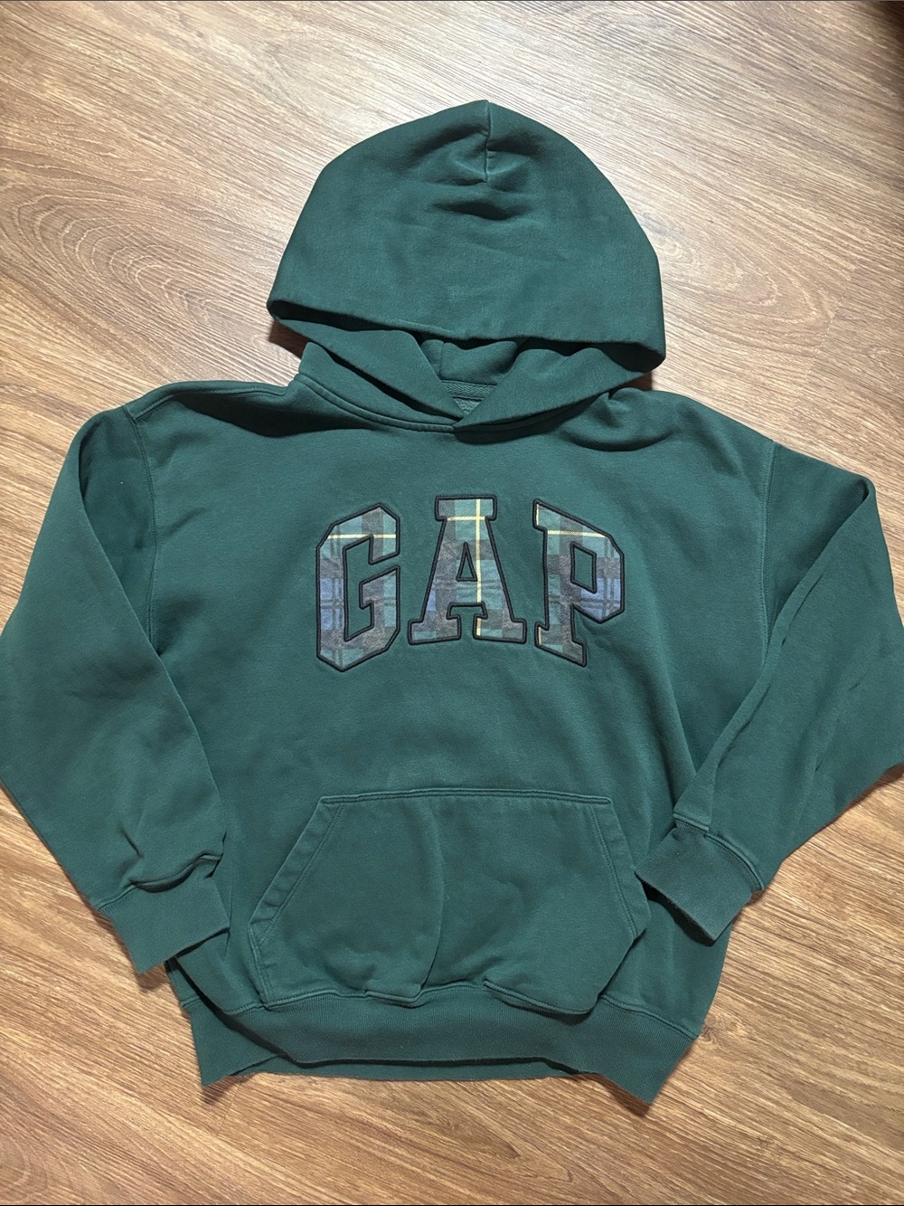 GAP Dark Green Hooded Sweatshirt with Embroidered Logo Plaid Youth XL